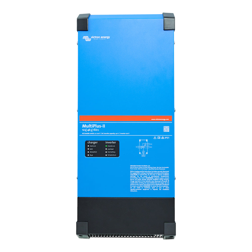 Victron Energy MultiPlus-II 12/4k inverter and charger combo with dual 120V outlets, compact and reliable power solution.
