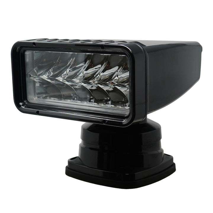 ACR RCL-200 black wireless LED searchlight with wired point pad and handheld remote, designed for durable outdoor illumination.