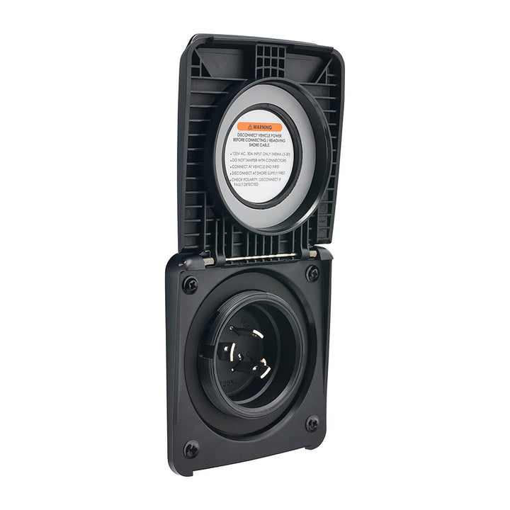 Scanstrut Roam Series 125V 30A AC power inlet accessory with durable design and secure connection for marine or outdoor use.