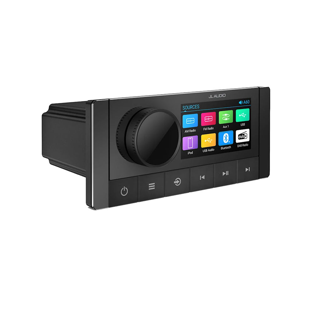 JL Audio A60 marine stereo head unit with control knobs and display, designed for boat audio systems.