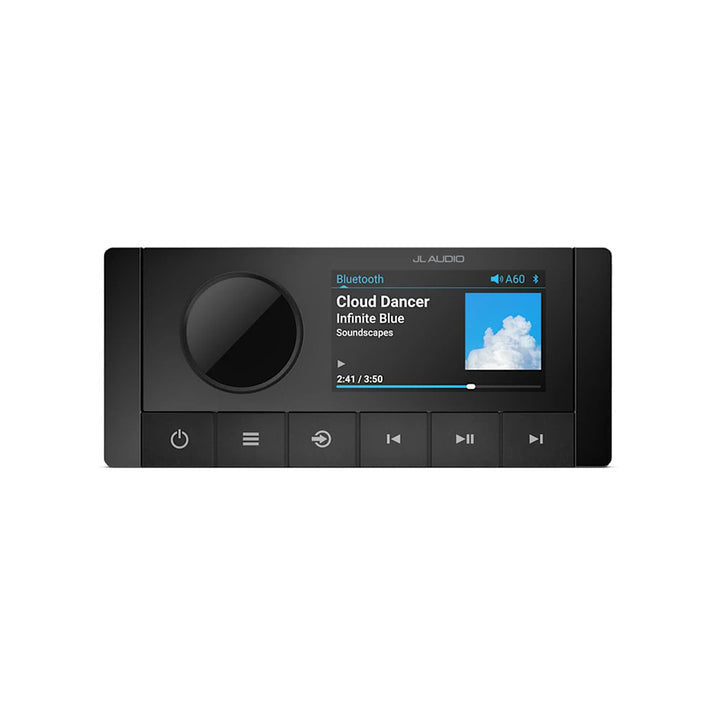 JL Audio A60 marine stereo head unit with control knobs and display, designed for boat audio systems.