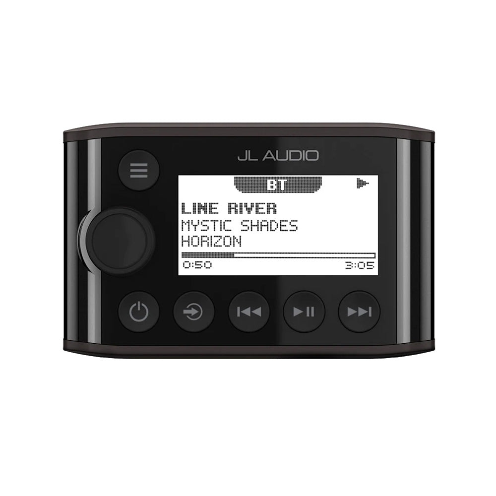 JL Audio NRX-300 wired stereo remote control with buttons and display for audio system operation.