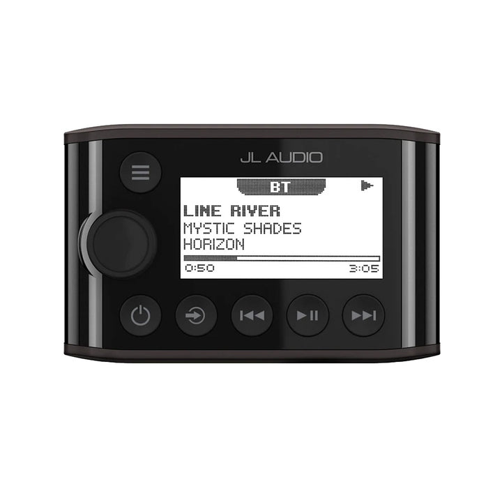 JL Audio NRX-300 wired stereo remote control with buttons and display for audio system operation.