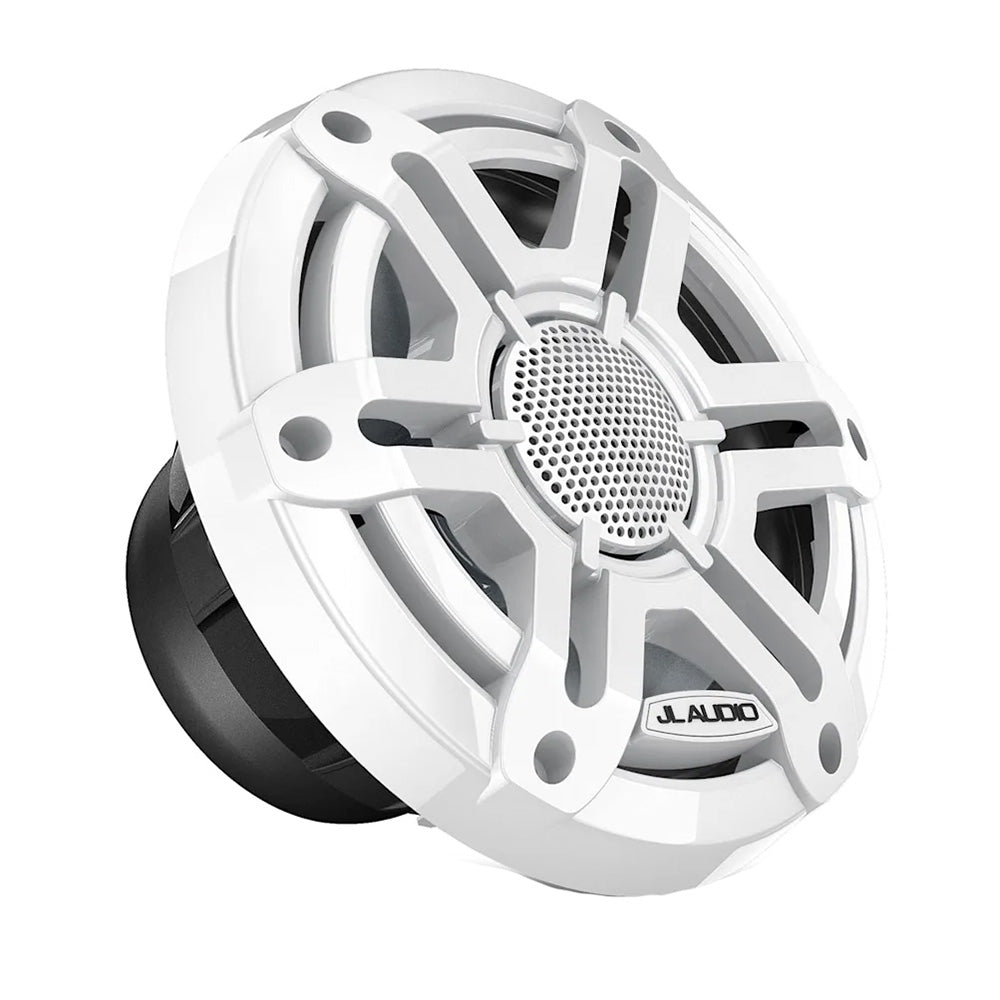 JL Audio M200 marine speakers with 6.5-inch white sport grille, weather-resistant outdoor audio speakers for boats