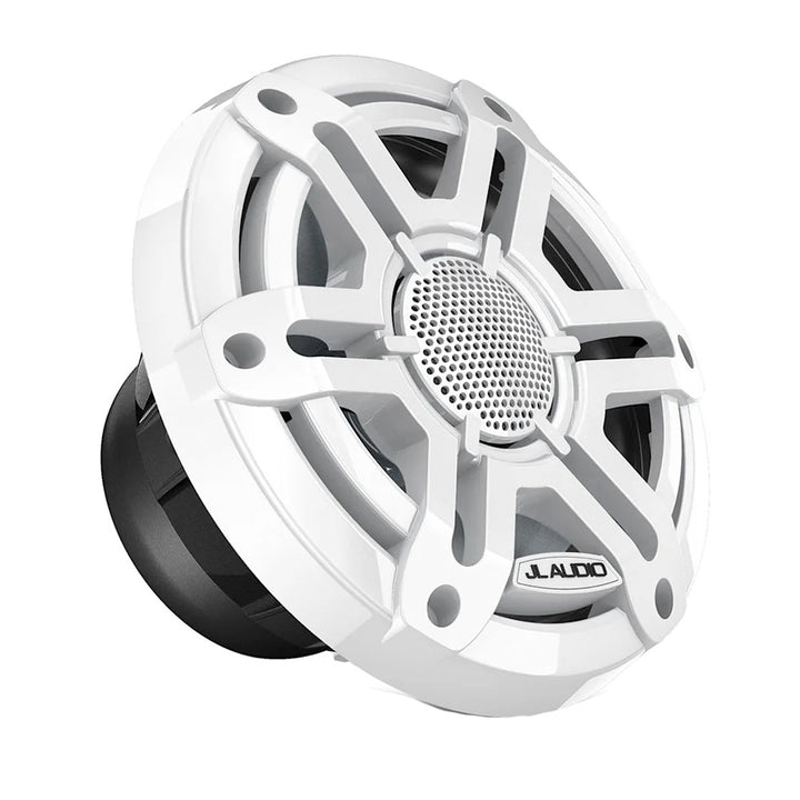 JL Audio M200 marine speakers with 6.5-inch white sport grille, weather-resistant outdoor audio speakers for boats
