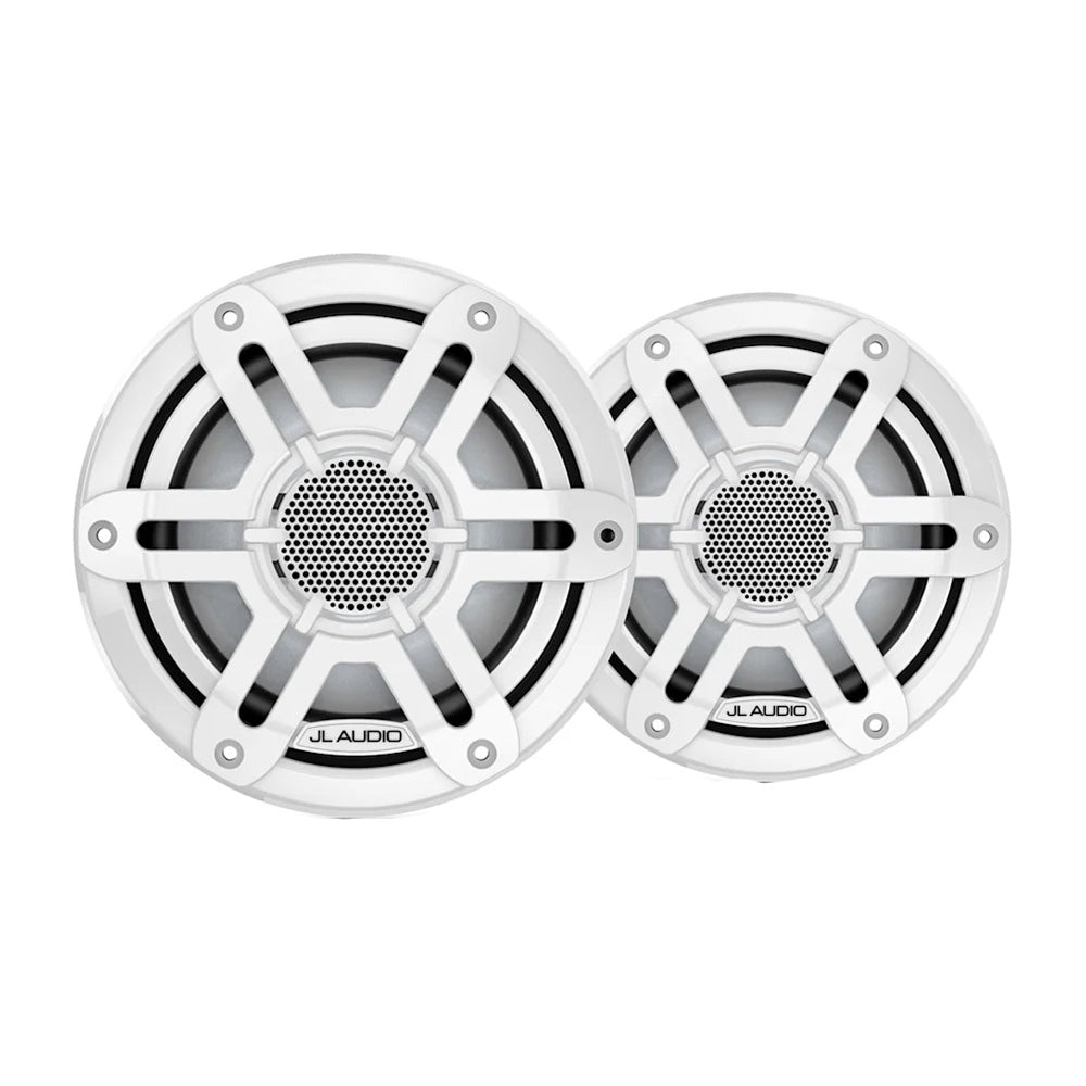 JL Audio M200 marine 6.5-inch speakers with white sport grille, designed for durable outdoor and boat audio systems