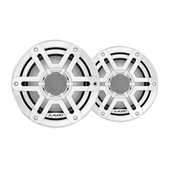 JL Audio M200 marine 6.5-inch speakers with white sport grille, designed for durable outdoor and boat audio systems