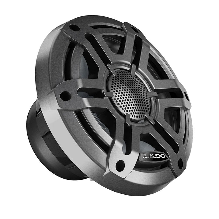 JL Audio M200 marine 6.5-inch speakers with grey sport grille, weather-resistant design for boat audio systems.