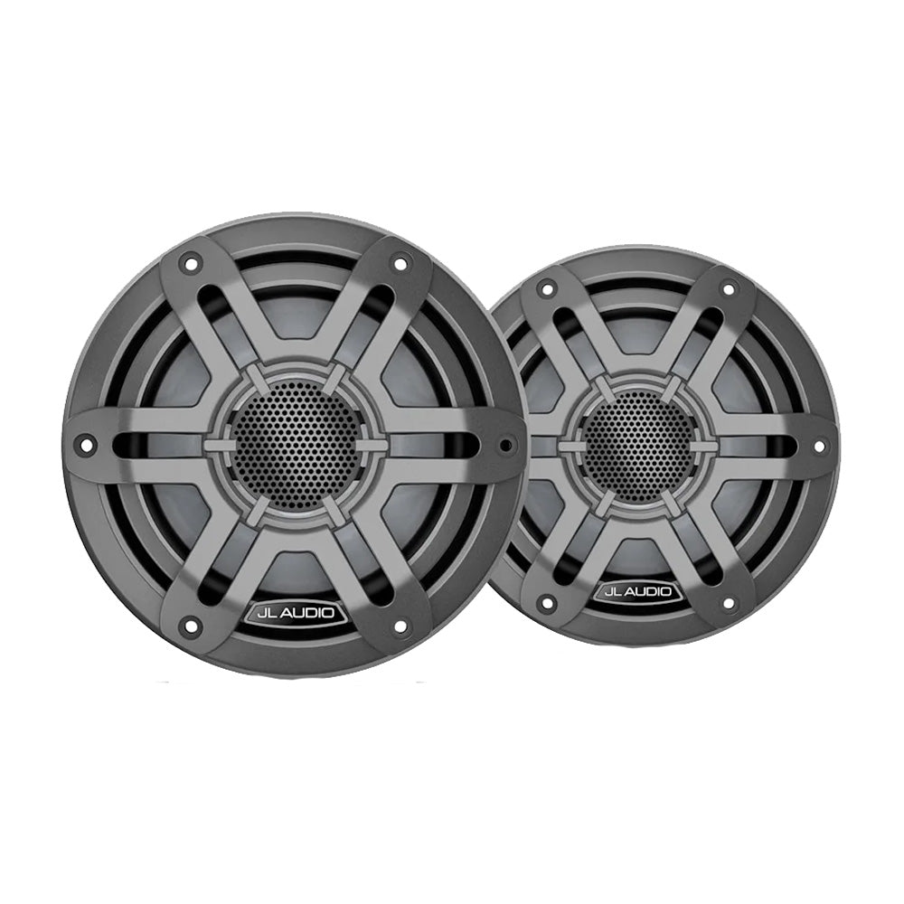 JL Audio M200 marine 6.5-inch speakers with grey sport grille, designed for durable outdoor marine audio setups.