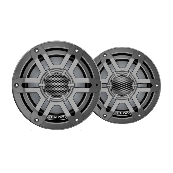 JL Audio M200 marine 6.5-inch speakers with grey sport grille, designed for durable outdoor marine audio setups.