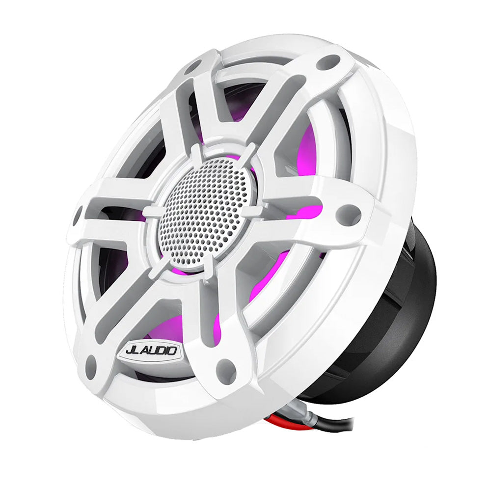 JL Audio M200 marine speakers with 6.5-inch LED lights and white sport grille, designed for marine audio applications.