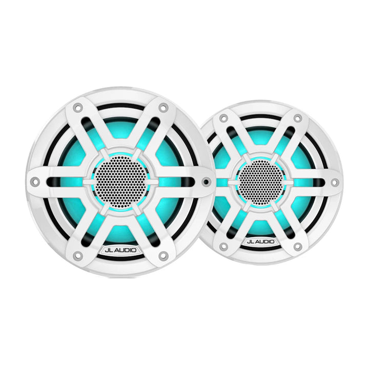 JL Audio M200 marine speakers with 6.5-inch LED and white sport grille, designed for durable outdoor marine audio use.