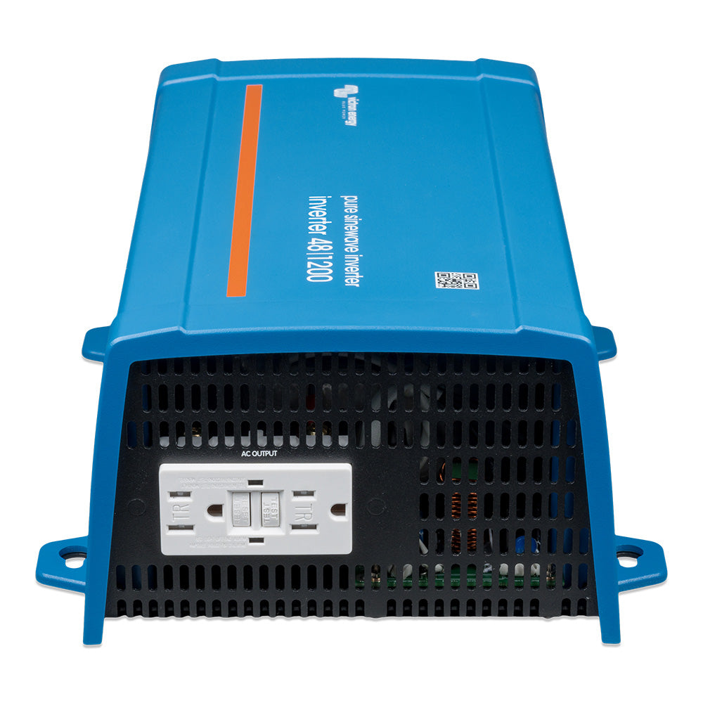 Victron Energy 48/1200 inverter with VE Direct, NEMA GFCI, UL 458 certification, showing front view with controls and ports.
