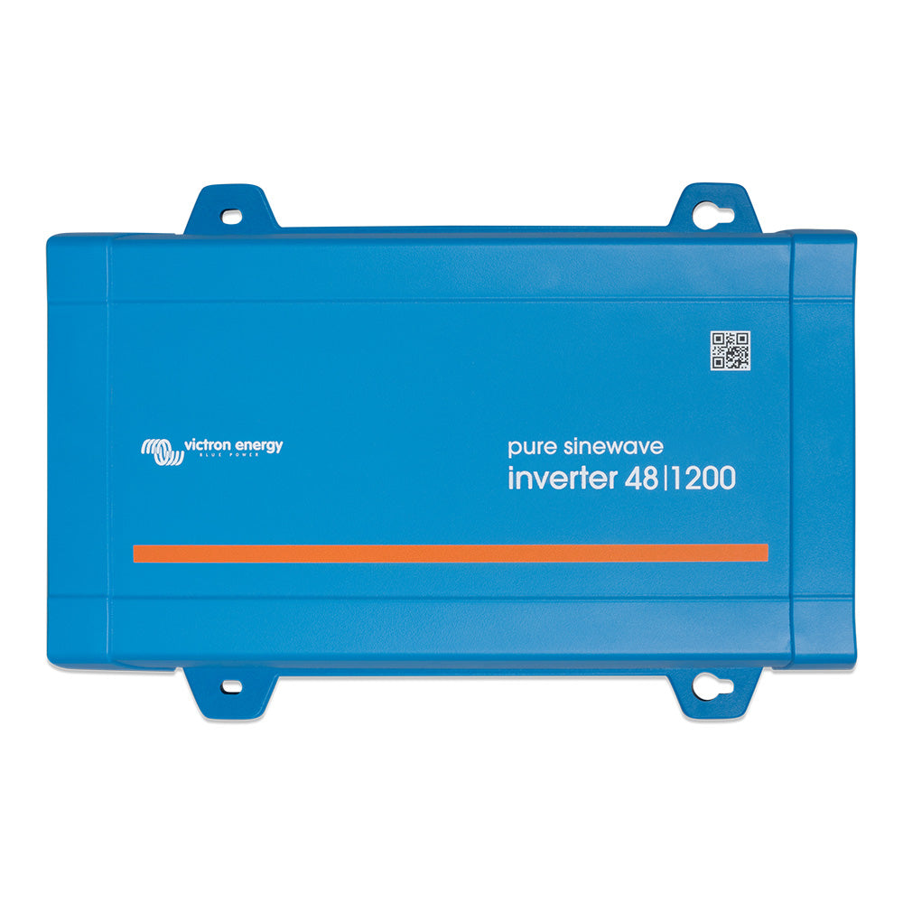 Victron Energy 48/1200 inverter with VE Direct, NEMA GFCI, UL 458 certification, showing front view with digital display and connection ports.