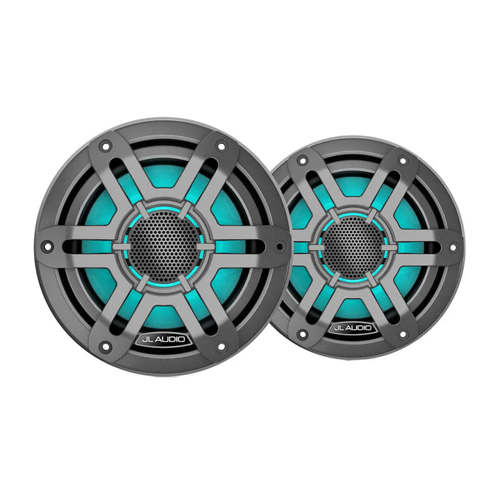 JL Audio M200 marine speakers with 6.5-inch LED lights and grey sport grille, designed for boat audio systems.