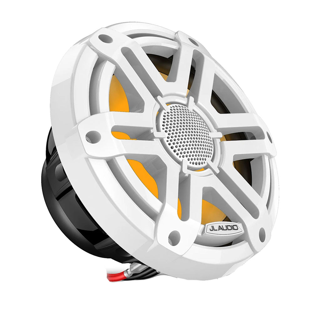 JL Audio M200 marine speakers with 7.7-inch white sport grille and LED lighting, designed for boat audio systems.