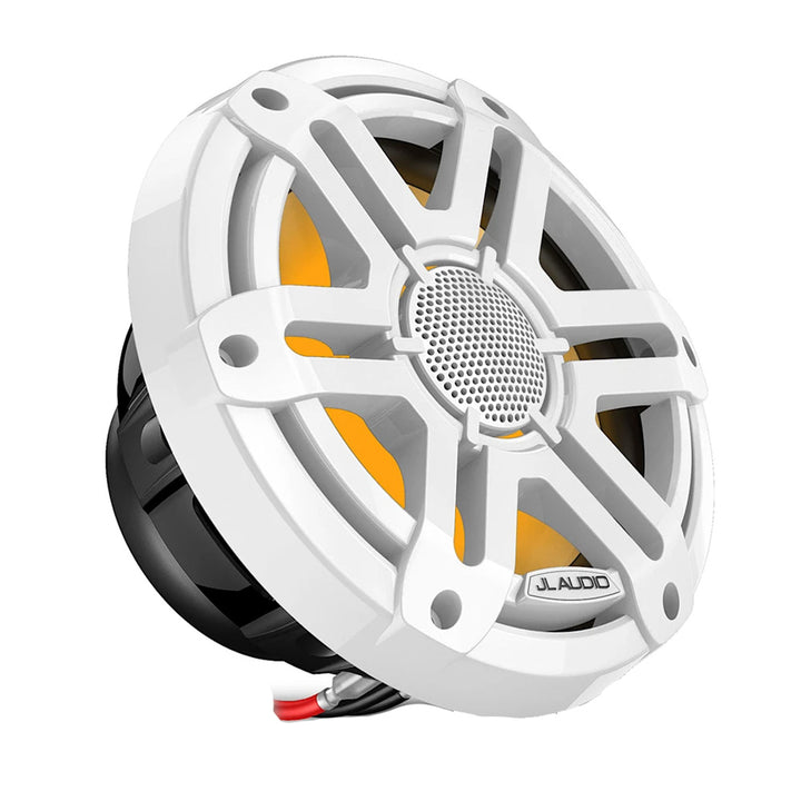 JL Audio M200 marine speakers with 7.7-inch white sport grille and LED lighting, designed for boat audio systems.