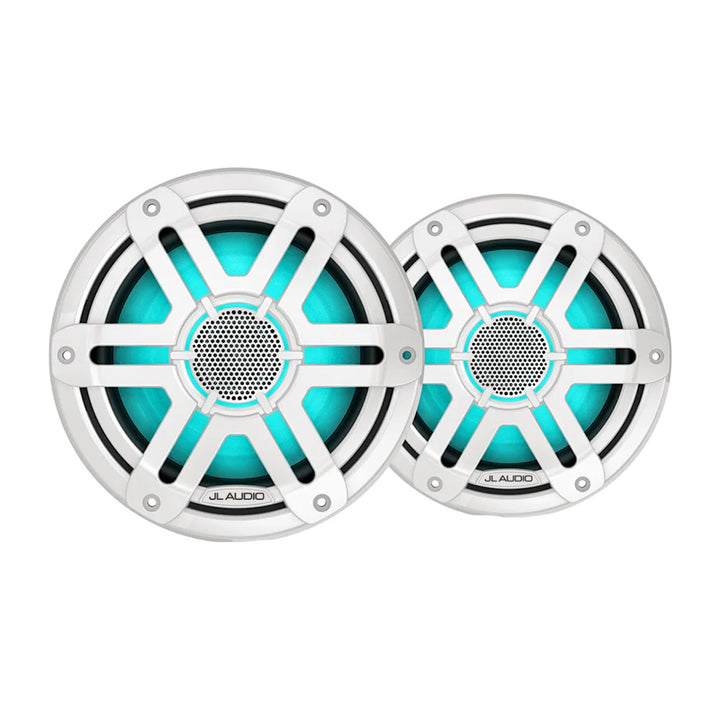 JL Audio M200 marine speakers with 7.7-inch white sport grille and LED lighting, designed for boat audio systems.