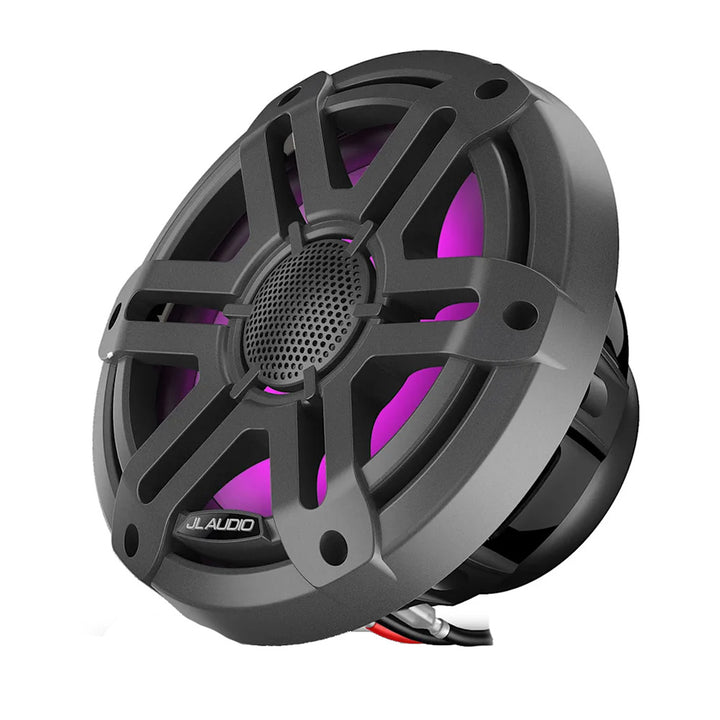 JL Audio M200 marine speakers with 7.7-inch grey sport grille and LED lighting, designed for boat audio systems.