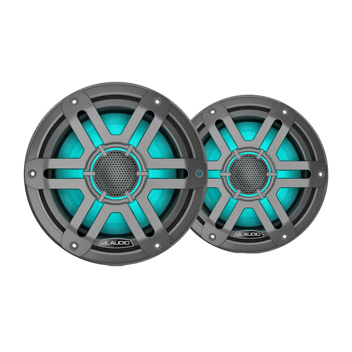 JL Audio M200 marine speakers with 7.7-inch size and LED lighting, featuring a grey sport grille for boat audio systems.