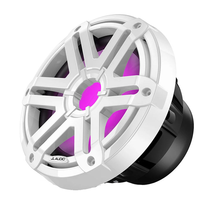 JL Audio M200 marine 10-inch subwoofer with LED lighting and white sport grille, designed for boat audio systems.