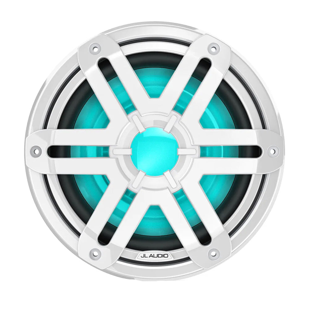 JL Audio M200 marine 10-inch subwoofer with LED lighting and white sport grille for boat audio systems.