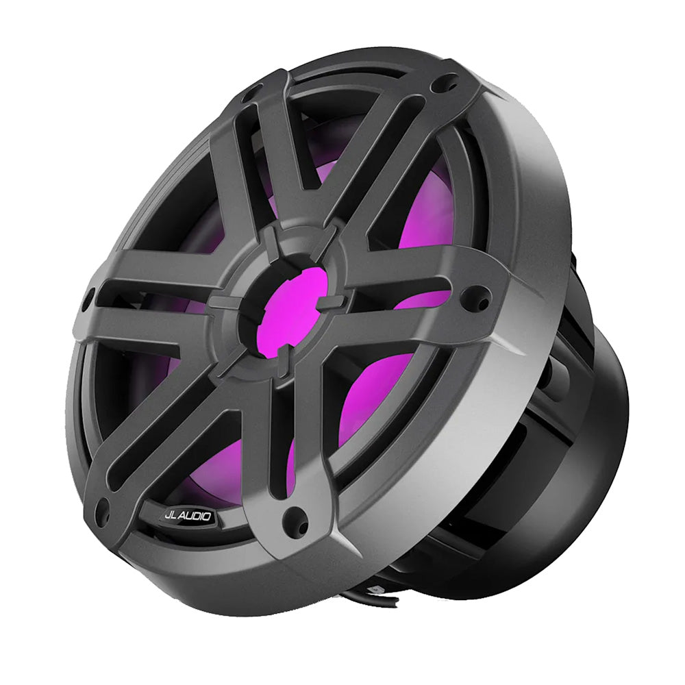 JL Audio M200 marine 10-inch subwoofer with LED lighting and grey sport grille, designed for boat audio systems.