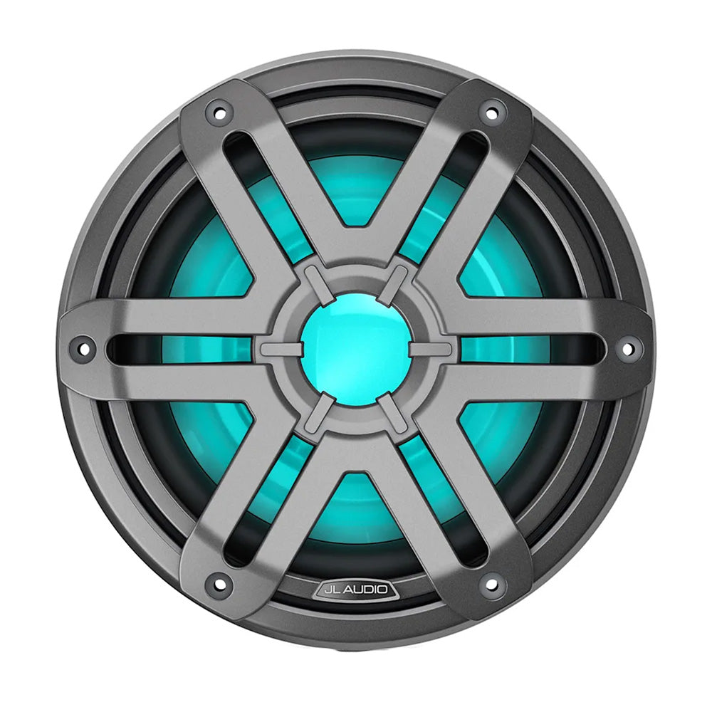 JL Audio M200 marine 10-inch subwoofer with LED lighting and grey sport grille, designed for boat audio systems.