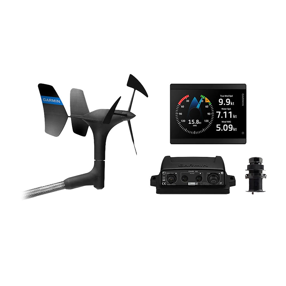 Garmin GMI 40 Wired Sail Pack marine instrument display with gWind DST820 transducers, 52mm size, for boat navigation and wind data.