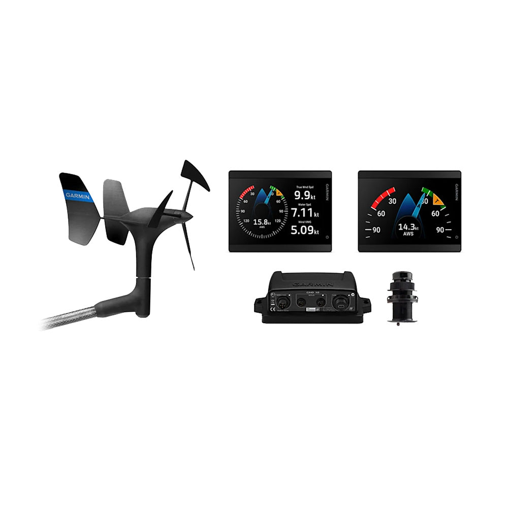 Garmin GMI 40 Wired Sail Pack with two 52mm marine instruments and gWind DST820 transducer for boat navigation and wind data.