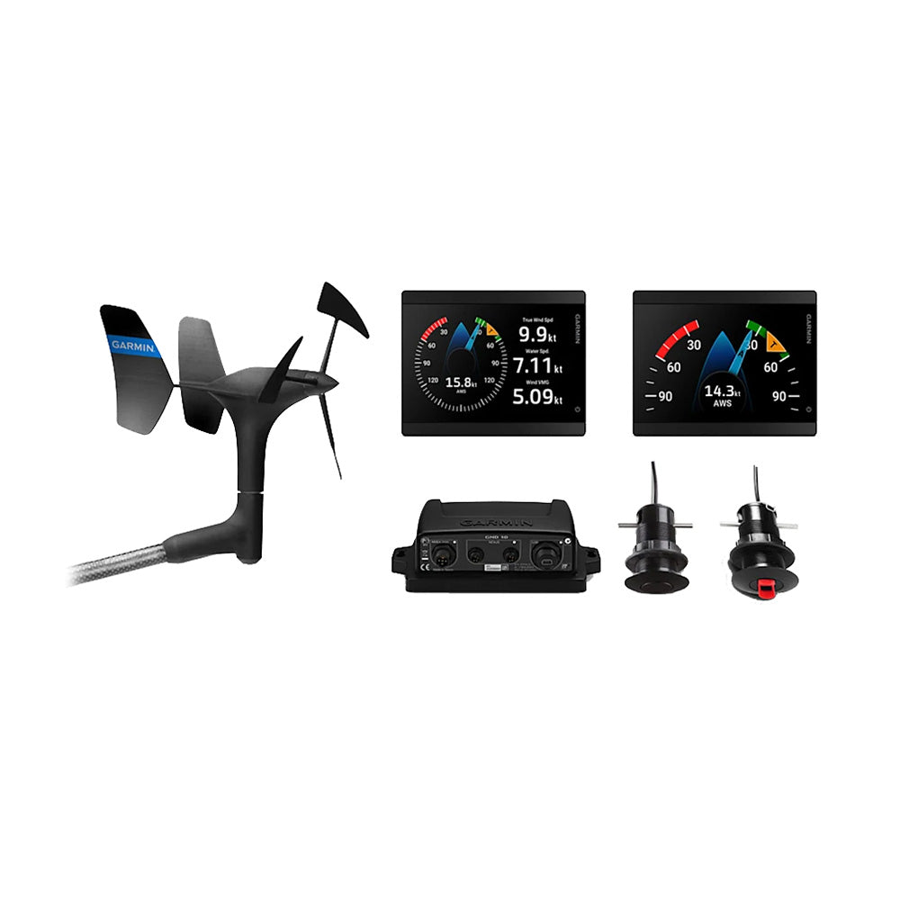 Garmin GMI 40 Wired Sail Pack with two marine instruments and transducers, featuring 43mm displays and gWind wired sensors.