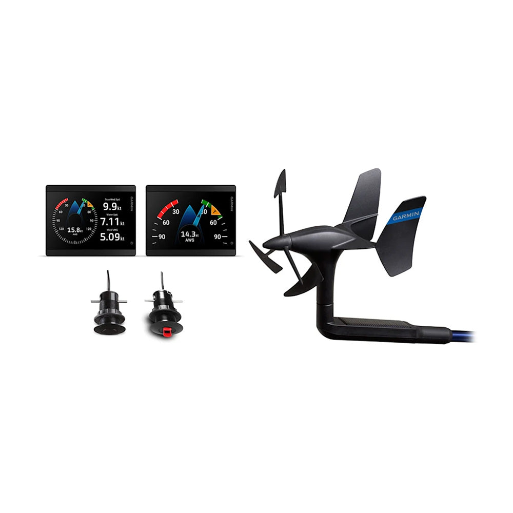 Garmin GMI 40 Wired Sail Pack with two marine instruments, gWind Wireless 2, and GDT 43/GST 43 display on boat dashboard