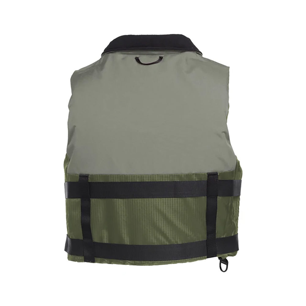 Mustang Survival Accel Foam Vest in green and grey, XXXL personal flotation device with adjustable straps and safety features.