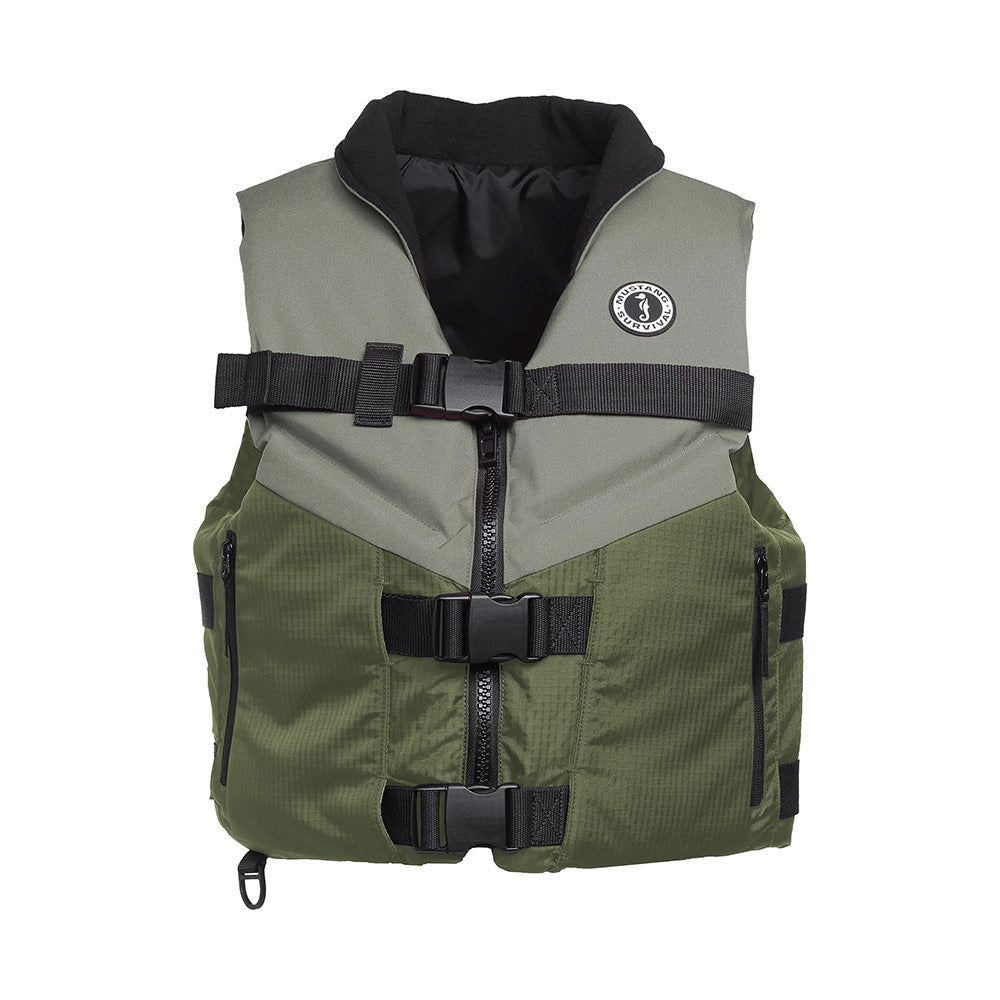 Mustang Accel Foam Vest in green and grey, XXXL personal flotation device with adjustable straps and rescue handle.