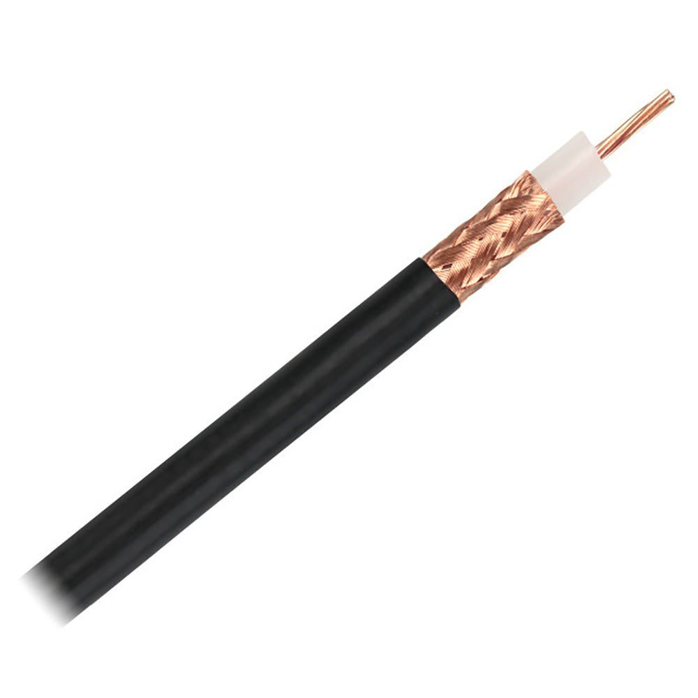 Black Pacer RG213U coax cable 300-foot wire coiled for installation or use in communication and radio systems.