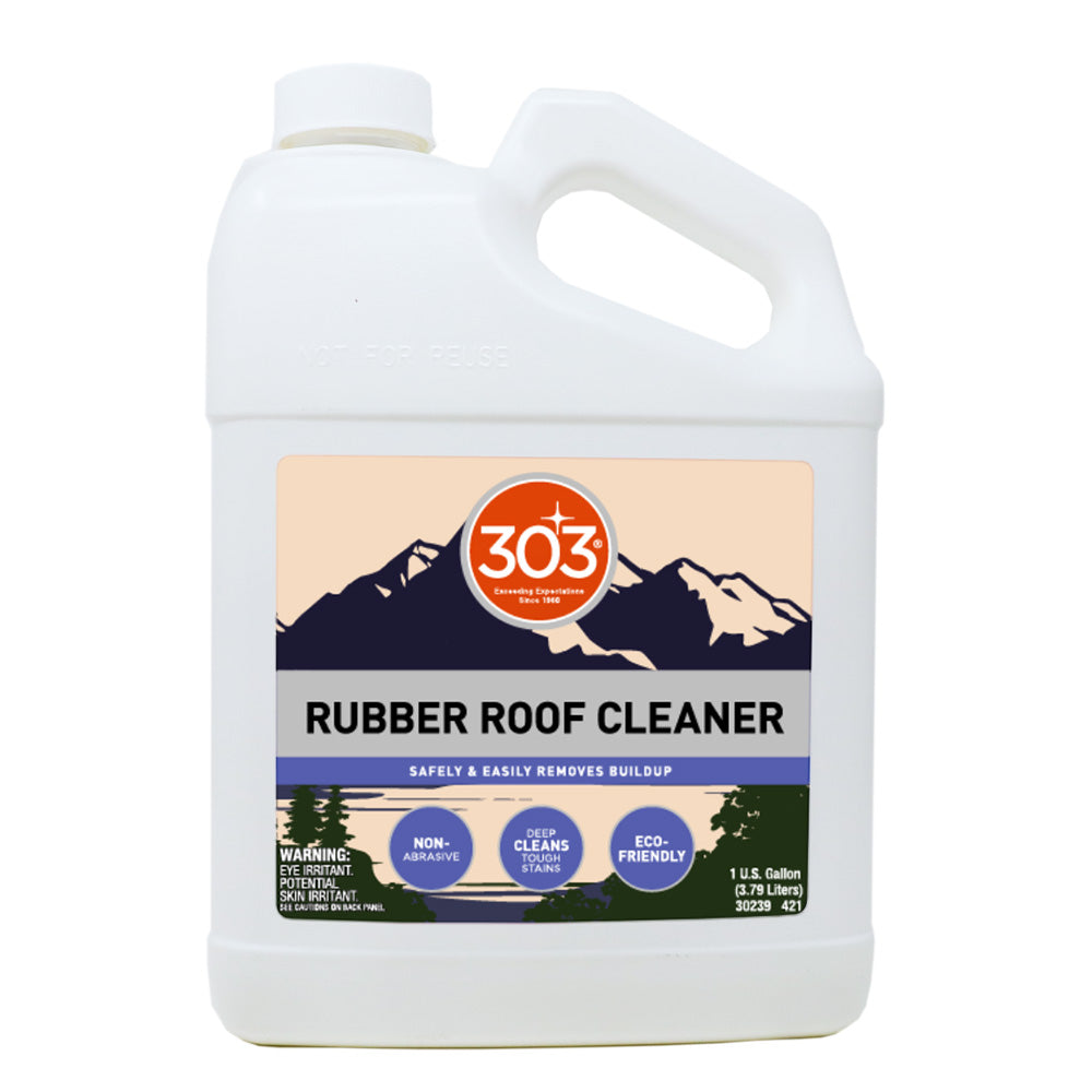 303 Rubber Roof Cleaner from 303, 128oz bottle, showcasing a cleaning solution for rubber roofs in a clear container.