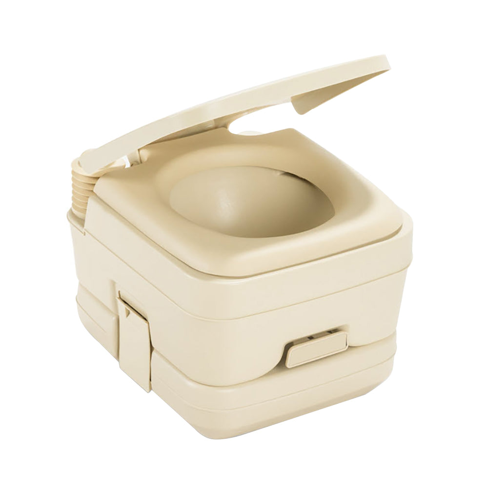 Dometic 964 portable toilet with mounting brackets, 2.5-gallon capacity, in parchment color for camping or RV use.