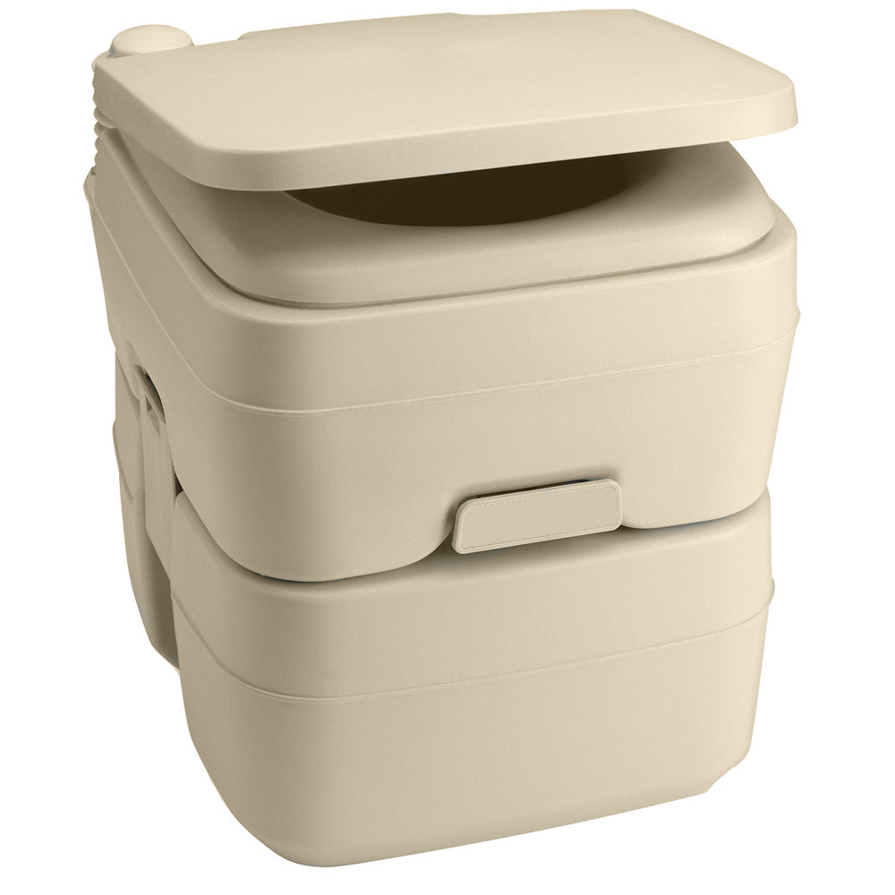 Dometic 965 MSD portable toilet with mounting brackets, 5-gallon capacity, in parchment color, suitable for camping or RV use.