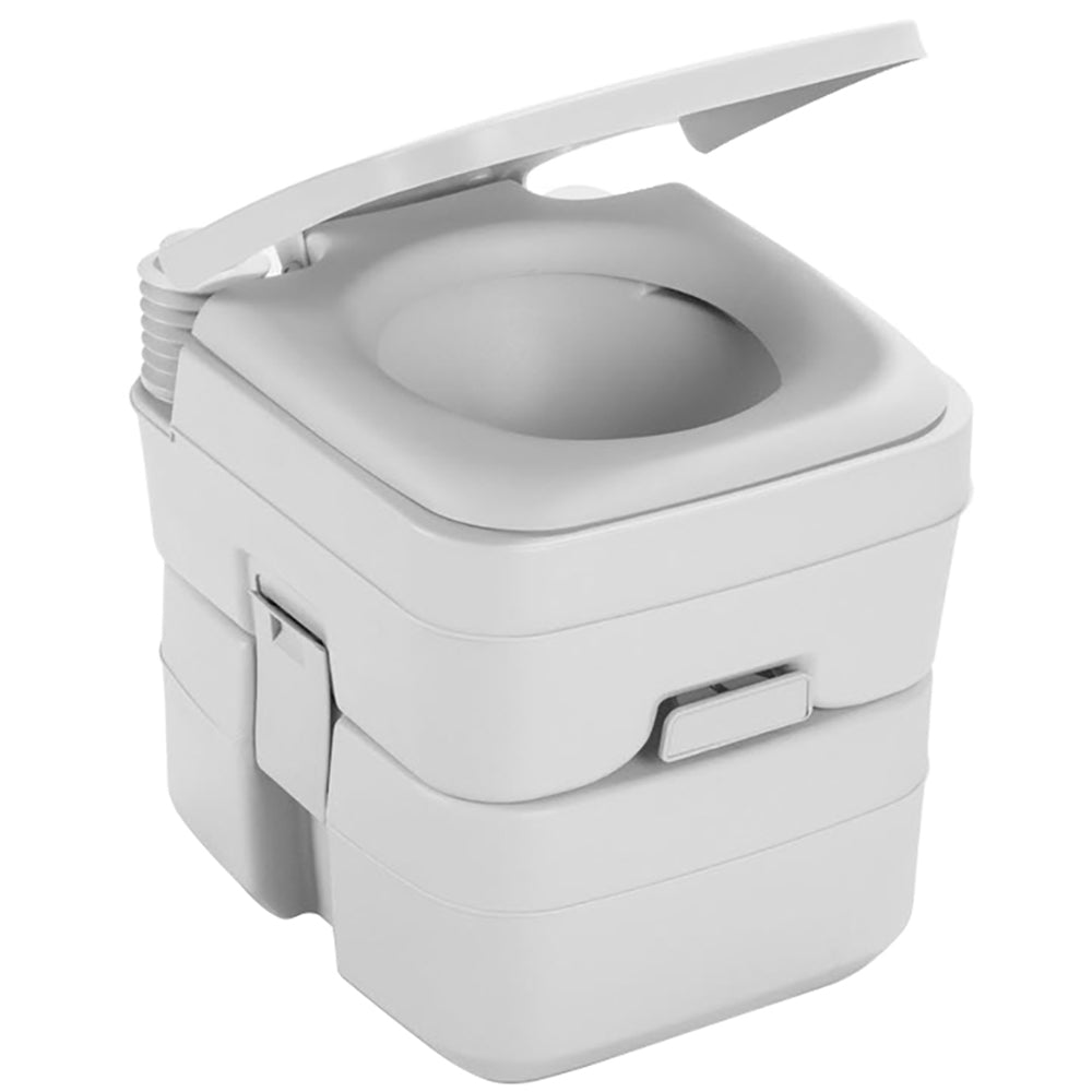 Dometic 965 MSD portable toilet with mounting brackets, 5-gallon capacity, in platinum color, suitable for camping or RV use.