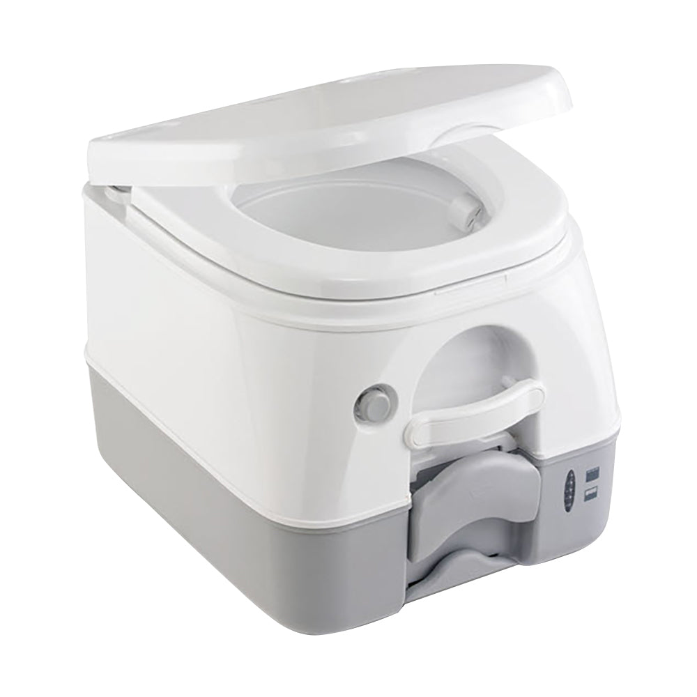 Dometic 974 MSD portable toilet with grey exterior, 2.6-gallon capacity, mounted on brackets, for camping or RV use.