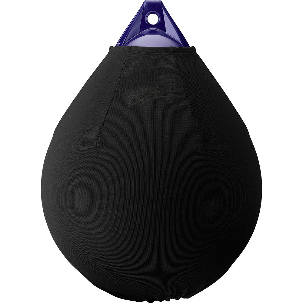 Black Polyform U.S. Fender Cover for A-5 Fender, made of durable material, shown on a boat fender.