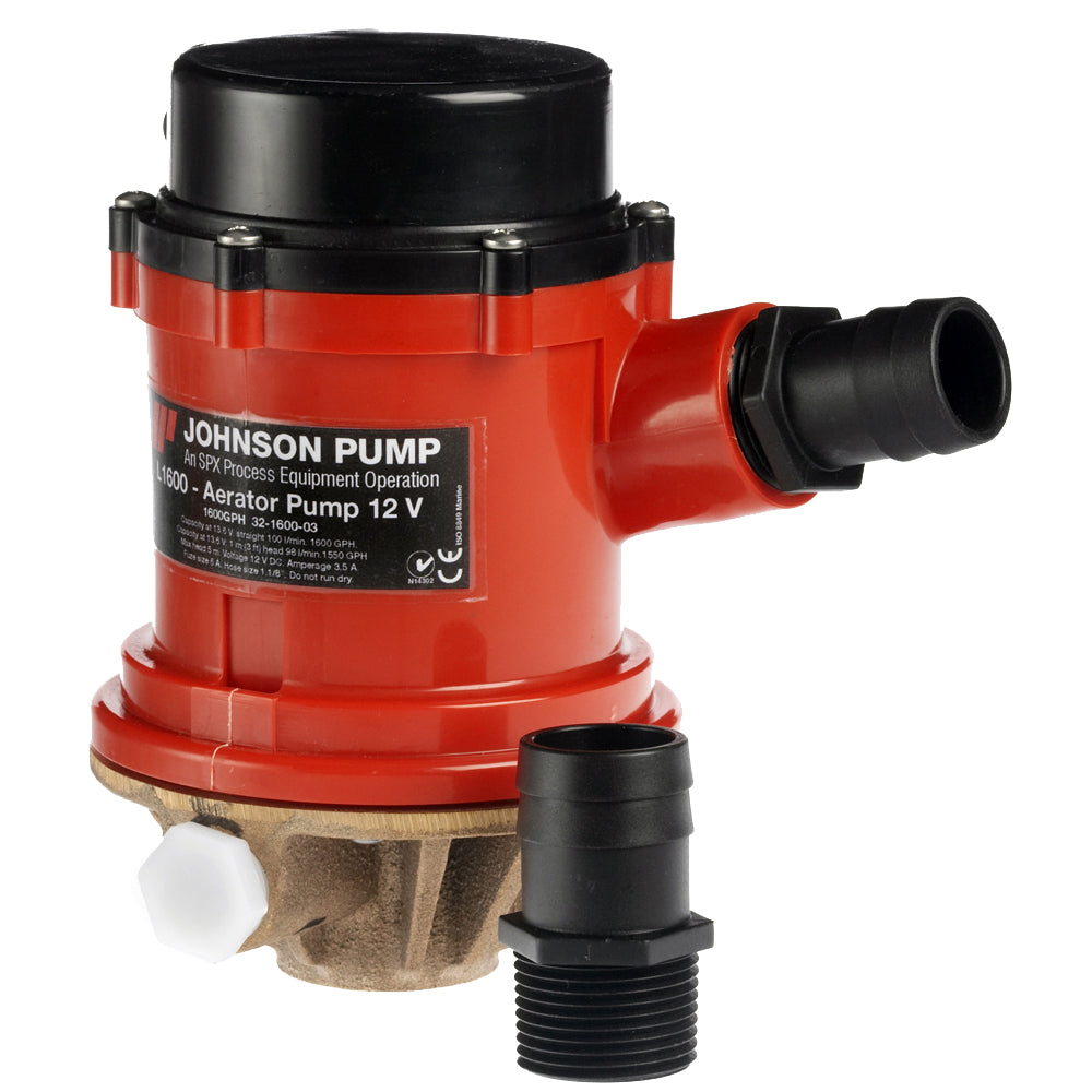 Johnson Pump Pro Series 1600 GPH 12V livewell pump for baitwell, showing compact design and inlet/outlet fittings.