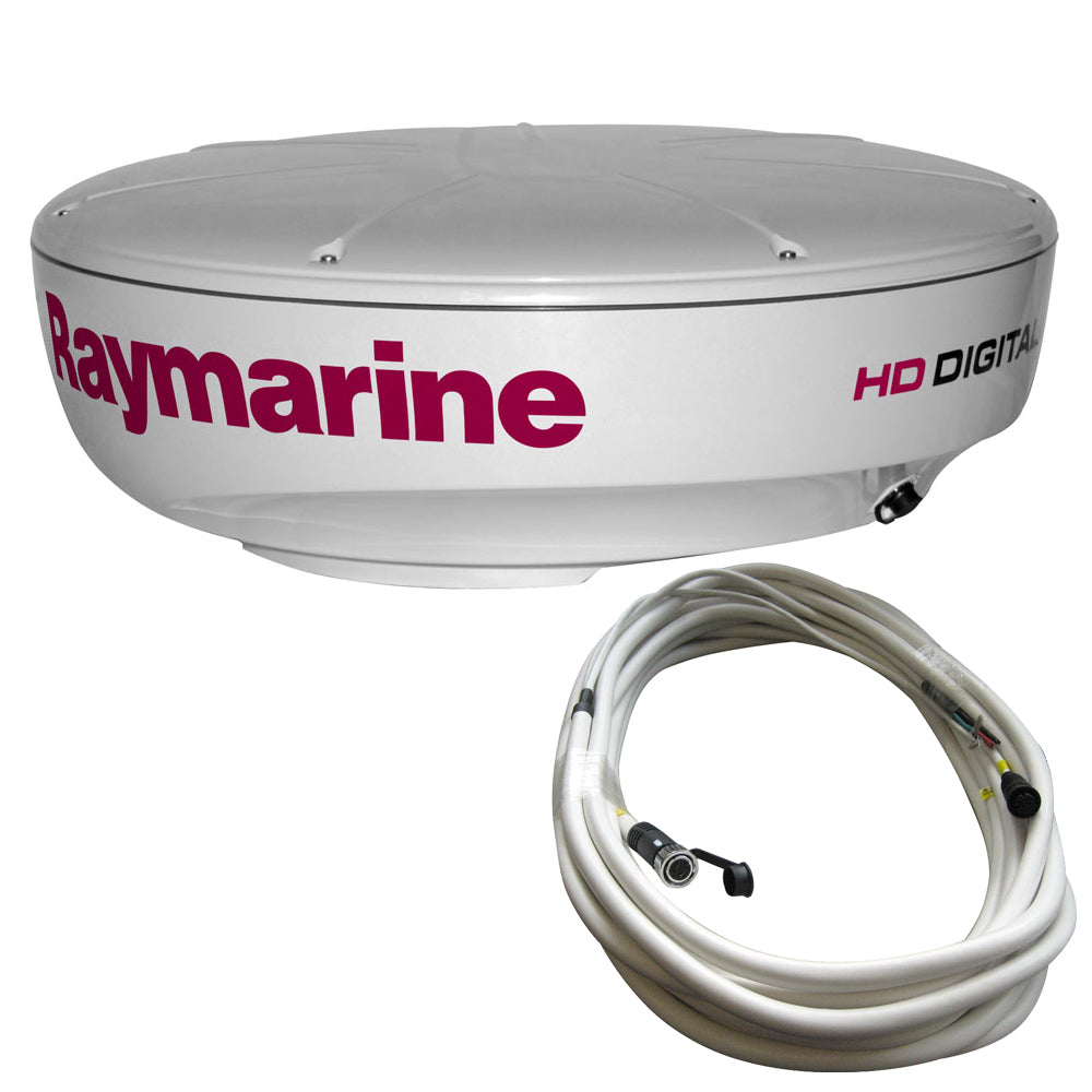 Raymarine RD418HD high-definition digital radar dome with 10-meter cable, mounted on a boat for marine navigation.