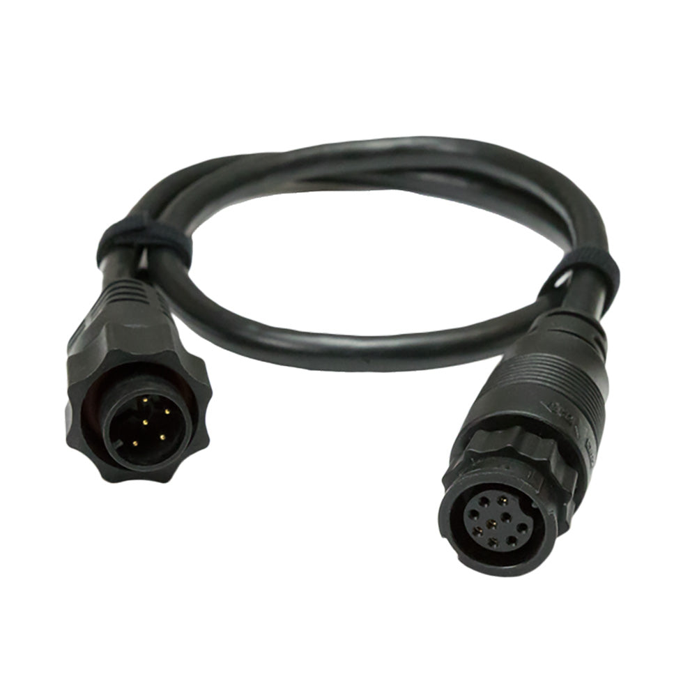 Navico 9-Pin black to 7-Pin blue adapter cable for non-CHIRP transducers, shown with connectors and cable details.