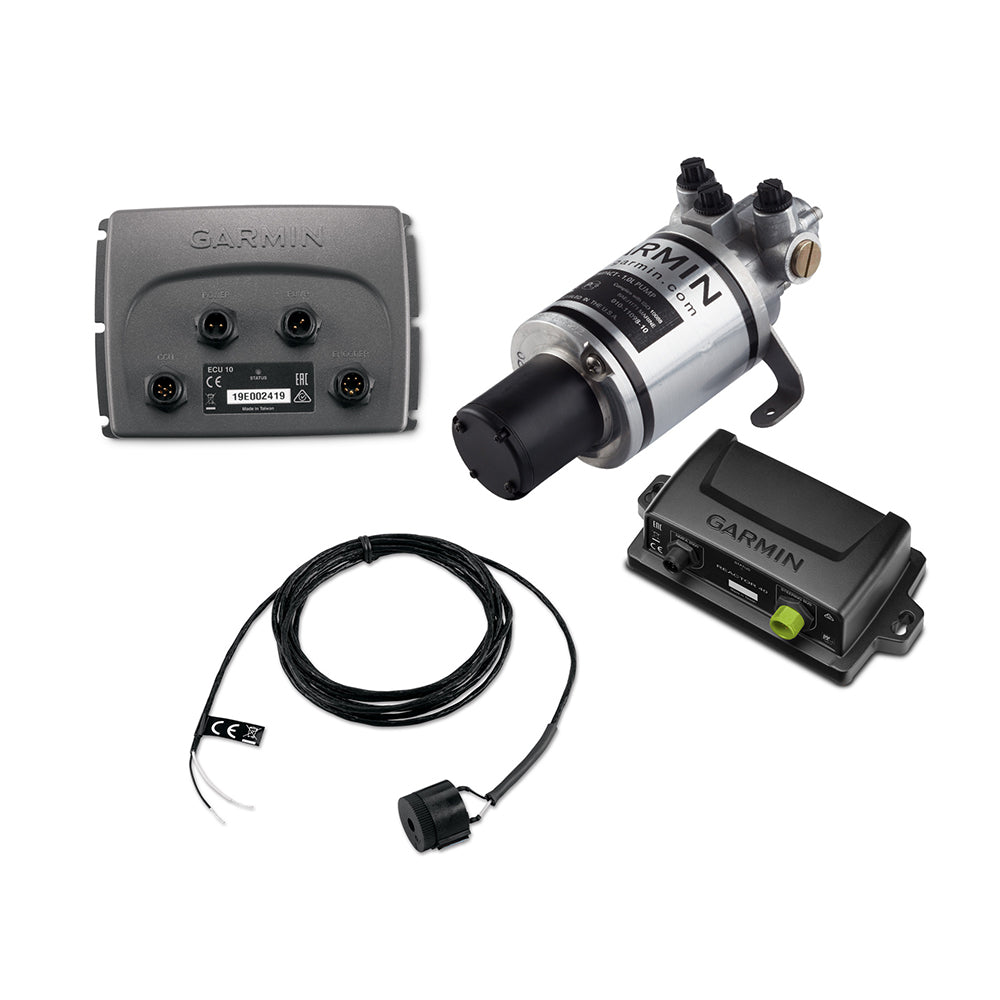 Garmin Compact Reactor 40 hydraulic autopilot starter pack with control unit and cables for boat navigation systems.
