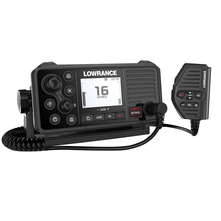 Lowrance Link-9 VHF radio with DSC and AIS receiver mounted on a boat, showcasing its control panel and antenna connections.