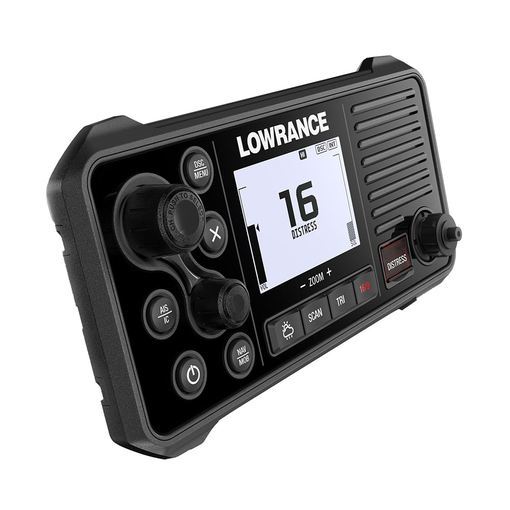 Lowrance Link-9 VHF radio with DSC and AIS receiver, fixed mount marine communication device with display and control buttons.