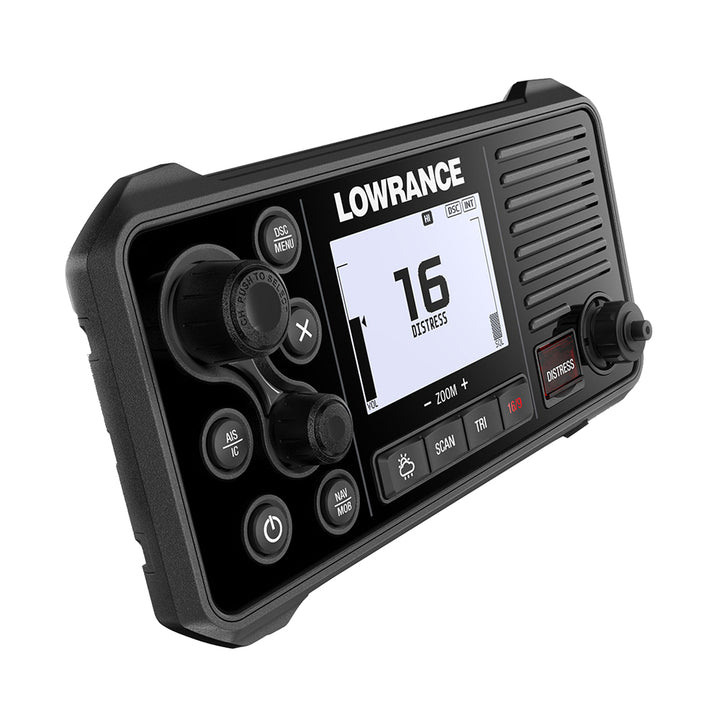 Lowrance Link-9 VHF radio with DSC and AIS receiver, fixed mount marine communication device with display and control buttons.