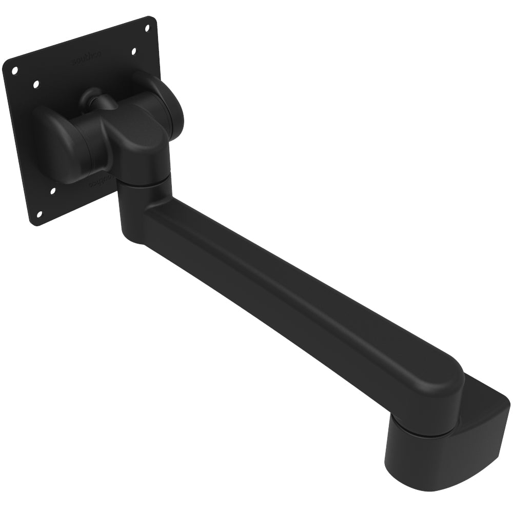 Southco black tilt head assembly with swivel and single arm wall mount, designed for adjustable equipment positioning.