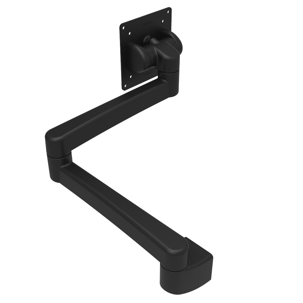 Southco black tilt head assembly with swivel double arm wall mount, designed for adjustable support and positioning.